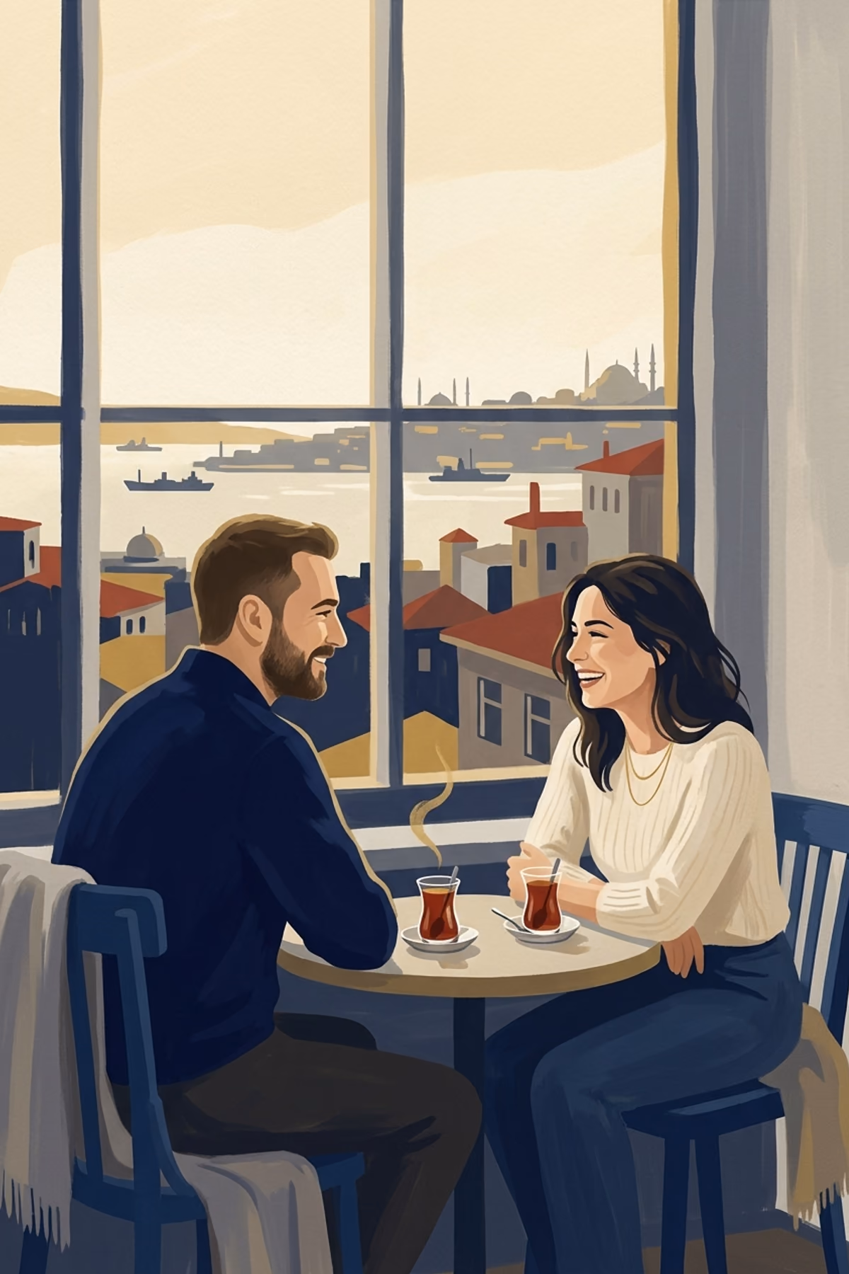 Kahve içerken sohbet eden bir çift